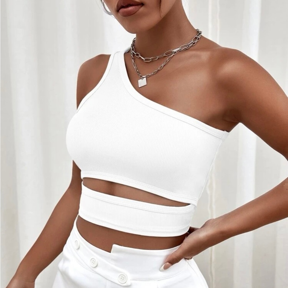 White one shoulder cut out top Medium